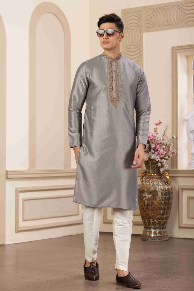 Raivat Ethnic Banarasi Art Silk Hand Work Kurta Pajama In Grey Colour