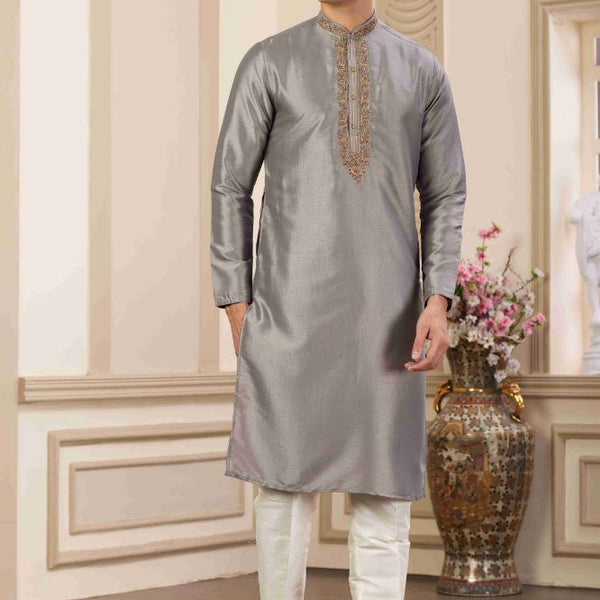 Raivat Ethnic Banarasi Art Silk Hand Work Kurta Pajama In Grey Colour