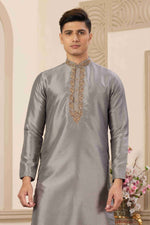 Thumbnail for Raivat Ethnic Banarasi Art Silk Hand Work Kurta Pajama In Grey Colour