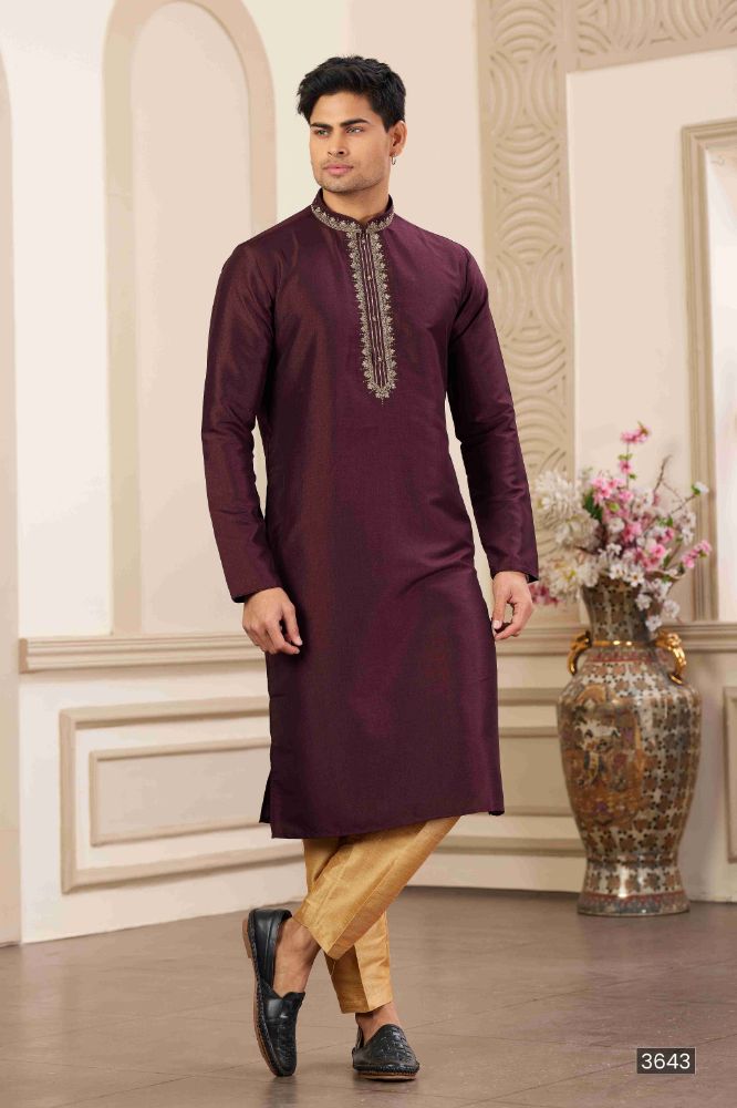 Raivat Ethnic Banarasi Art Silk Hand Work Kurta Pajama In Wine Colour