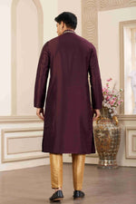Thumbnail for Raivat Ethnic Banarasi Art Silk Hand Work Kurta Pajama In Wine Colour