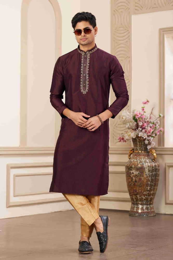Raivat Ethnic Banarasi Art Silk Hand Work Kurta Pajama In Wine Colour