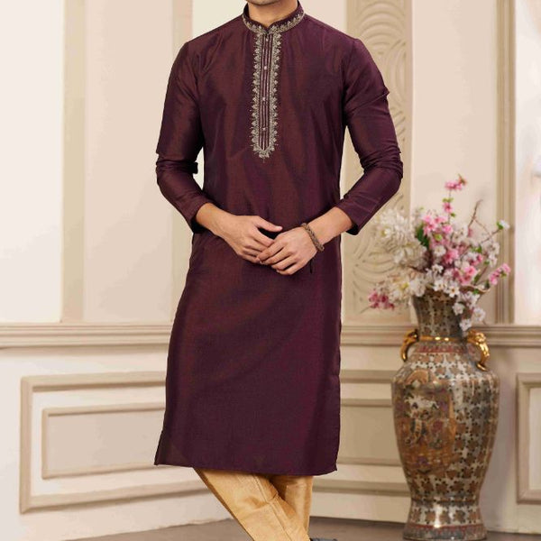 Raivat Ethnic Banarasi Art Silk Hand Work Kurta Pajama In Wine Colour