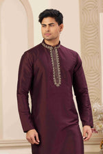 Thumbnail for Raivat Ethnic Banarasi Art Silk Hand Work Kurta Pajama In Wine Colour