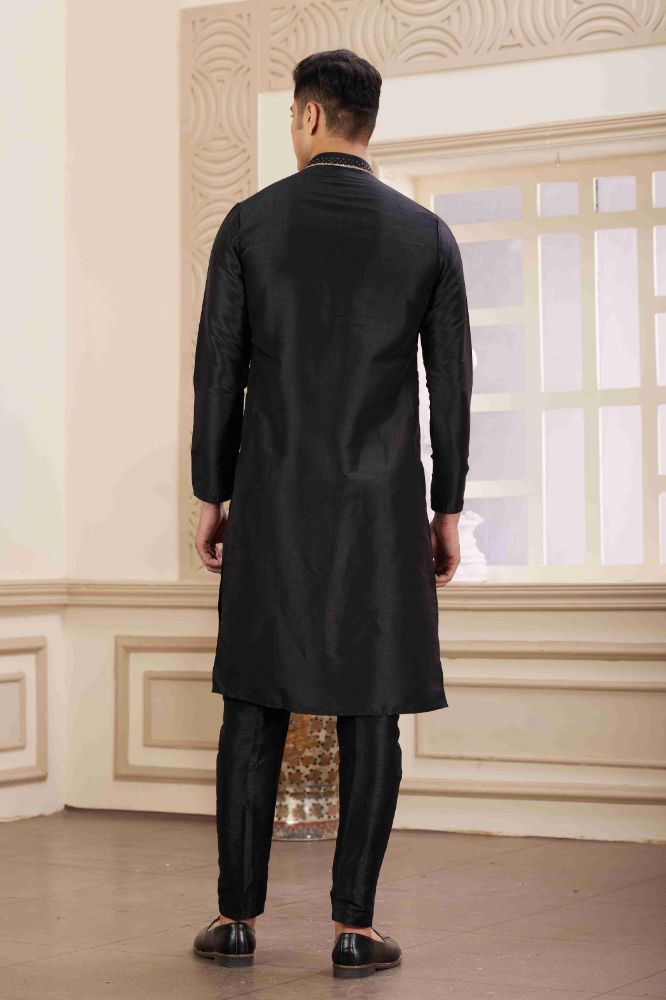 Raivat Ethnic Banarasi Art Silk Hand Work Kurta Pajama In Black Colour