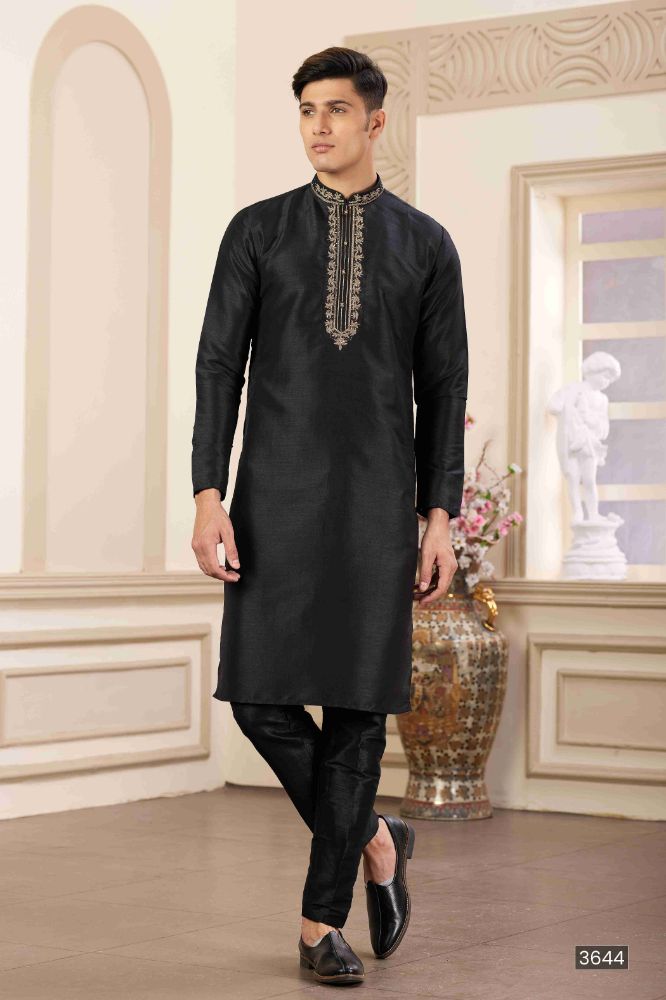 Raivat Ethnic Banarasi Art Silk Hand Work Kurta Pajama In Black Colour