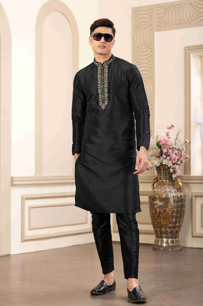 Raivat Ethnic Banarasi Art Silk Hand Work Kurta Pajama In Black Colour