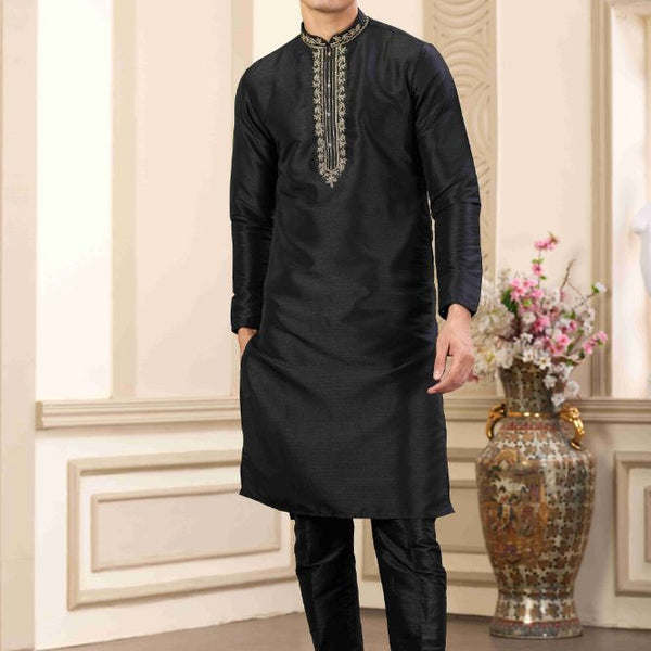 Raivat Ethnic Banarasi Art Silk Hand Work Kurta Pajama In Black Colour