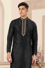 Thumbnail for Raivat Ethnic Banarasi Art Silk Hand Work Kurta Pajama In Black Colour