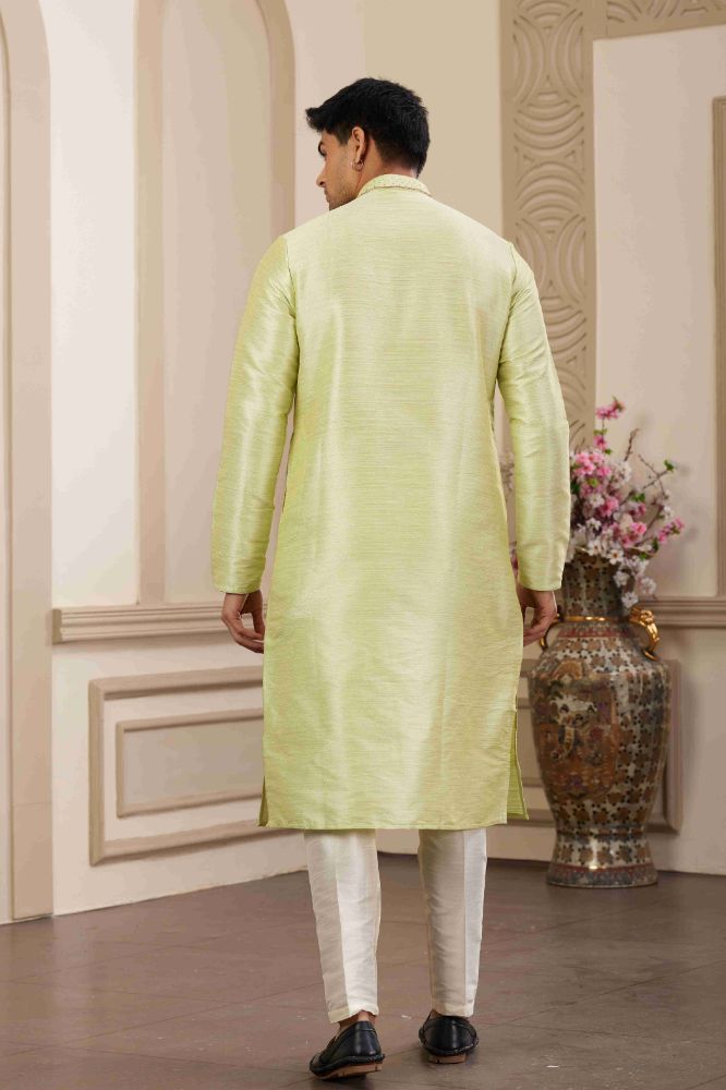 Raivat Ethnic Banarasi Art Silk Hand Work Kurta Pajama In Pista Green Colour - Distacart