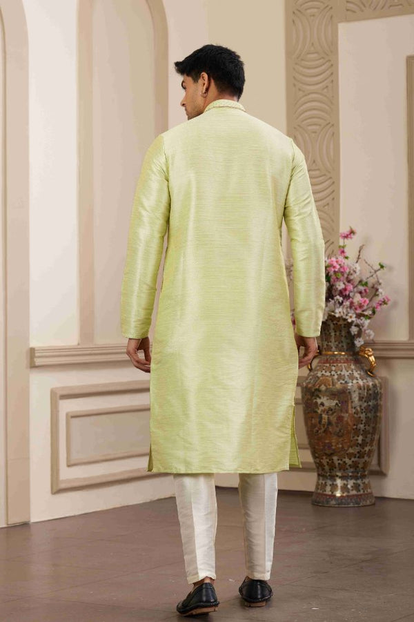Raivat Ethnic Banarasi Art Silk Hand Work Kurta Pajama In Pista Green Colour