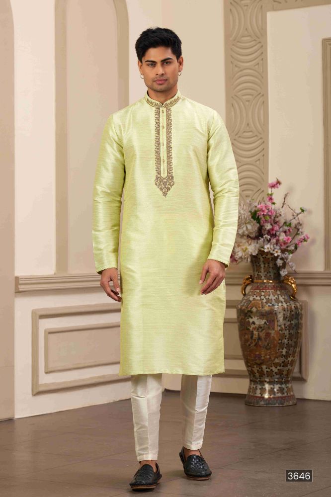 Raivat Ethnic Banarasi Art Silk Hand Work Kurta Pajama In Pista Green Colour