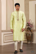 Thumbnail for Raivat Ethnic Banarasi Art Silk Hand Work Kurta Pajama In Pista Green Colour