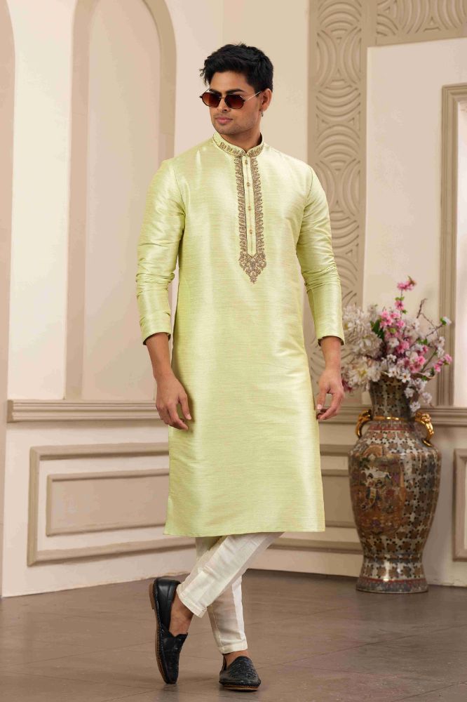 Raivat Ethnic Banarasi Art Silk Hand Work Kurta Pajama In Pista Green Colour - Distacart