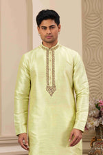 Thumbnail for Raivat Ethnic Banarasi Art Silk Hand Work Kurta Pajama In Pista Green Colour