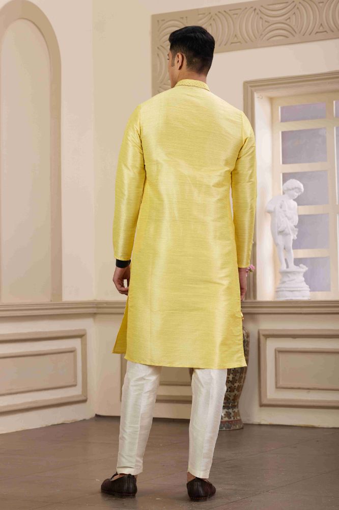 Raivat Ethnic Banarasi Art Silk Hand Work Kurta Pajama In Lemon Yellow Colour