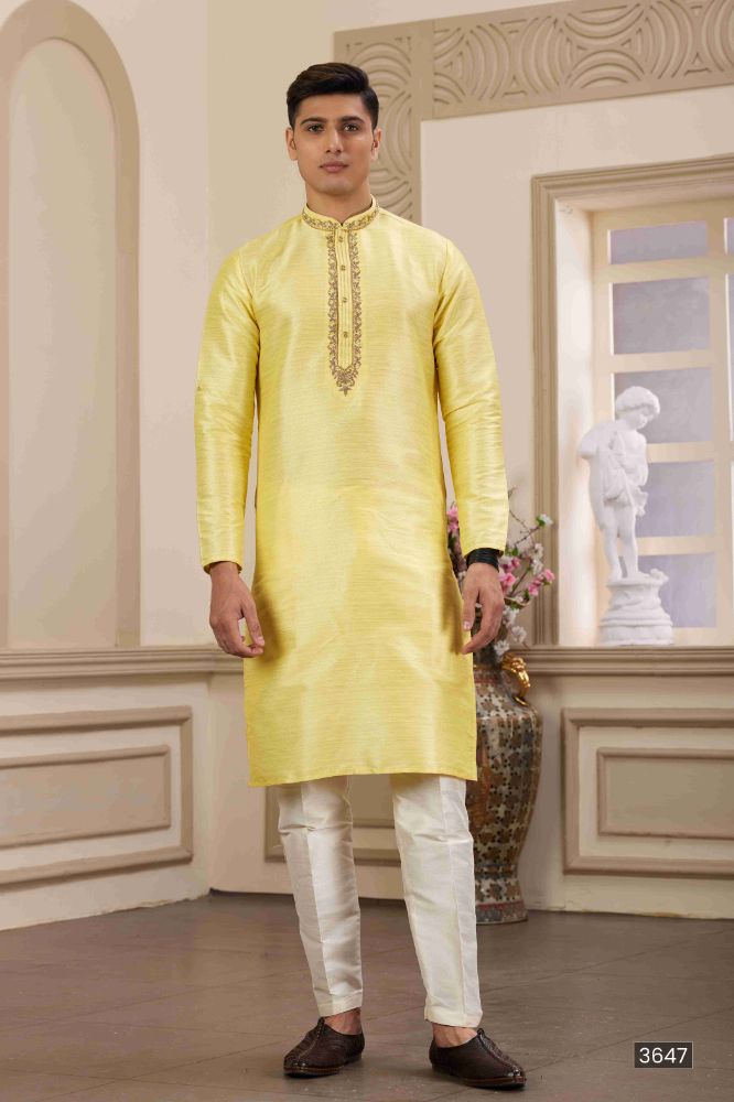Raivat Ethnic Banarasi Art Silk Hand Work Kurta Pajama In Lemon Yellow Colour