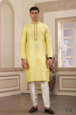 Thumbnail for Raivat Ethnic Banarasi Art Silk Hand Work Kurta Pajama In Lemon Yellow Colour