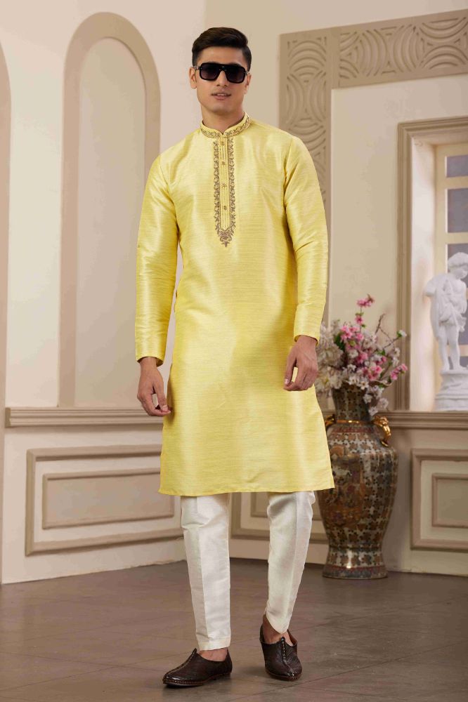 Raivat Ethnic Banarasi Art Silk Hand Work Kurta Pajama In Lemon Yellow Colour