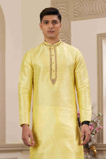 Thumbnail for Raivat Ethnic Banarasi Art Silk Hand Work Kurta Pajama In Lemon Yellow Colour