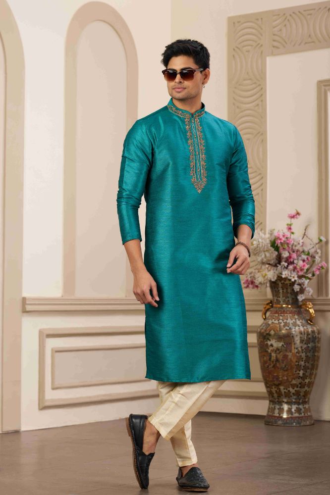 Raivat Ethnic Banarasi Art Silk Hand Work Kurta Pajama In Teal Green Colour