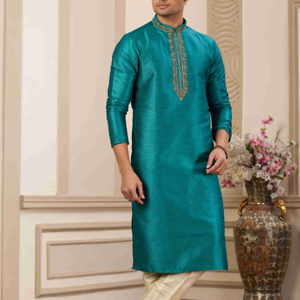 Raivat Ethnic Banarasi Art Silk Hand Work Kurta Pajama In Teal Green Colour