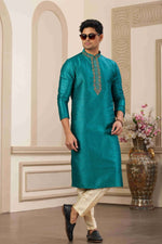 Thumbnail for Raivat Ethnic Banarasi Art Silk Hand Work Kurta Pajama In Teal Green Colour