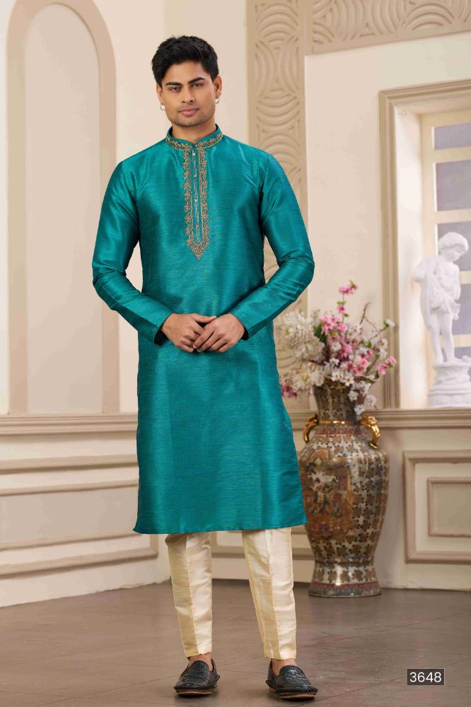 Raivat Ethnic Banarasi Art Silk Hand Work Kurta Pajama In Teal Green Colour