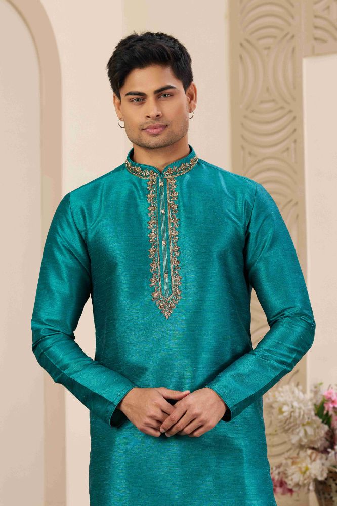 Raivat Ethnic Banarasi Art Silk Hand Work Kurta Pajama In Teal Green Colour