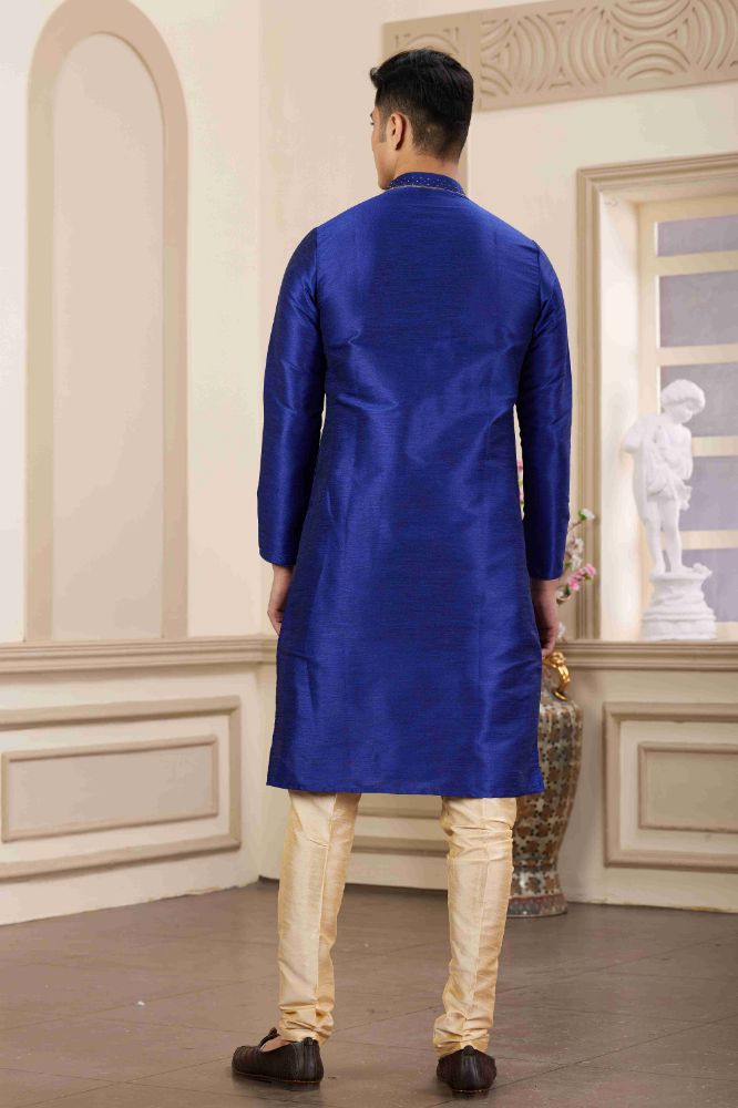 Raivat Ethnic Banarasi Art Silk Hand Work Kurta Pajama In Blue Colour