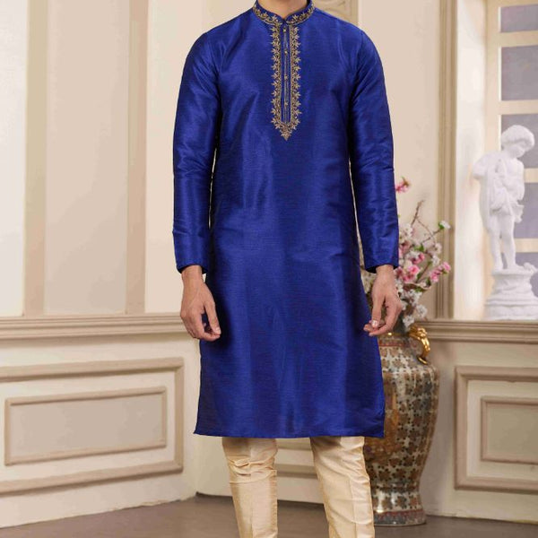 Raivat Ethnic Banarasi Art Silk Hand Work Kurta Pajama In Blue Colour