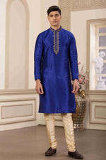 Thumbnail for Raivat Ethnic Banarasi Art Silk Hand Work Kurta Pajama In Blue Colour
