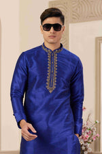 Thumbnail for Raivat Ethnic Banarasi Art Silk Hand Work Kurta Pajama In Blue Colour