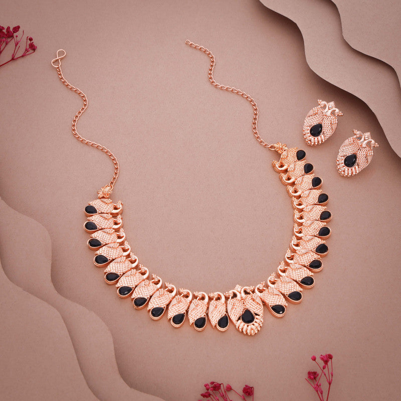 Tehzeeb Creations Rose Gold Black Colour Necklace With Pair Of Earrings - Distacart