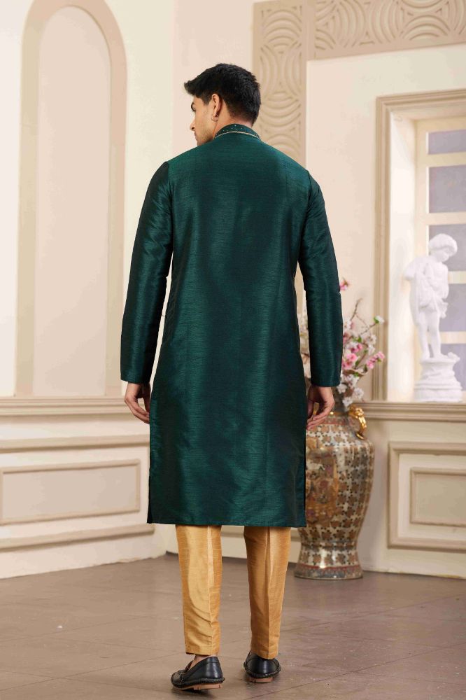 Raivat Ethnic Banarasi Art Silk Hand Work Kurta Pajama In Green Colour