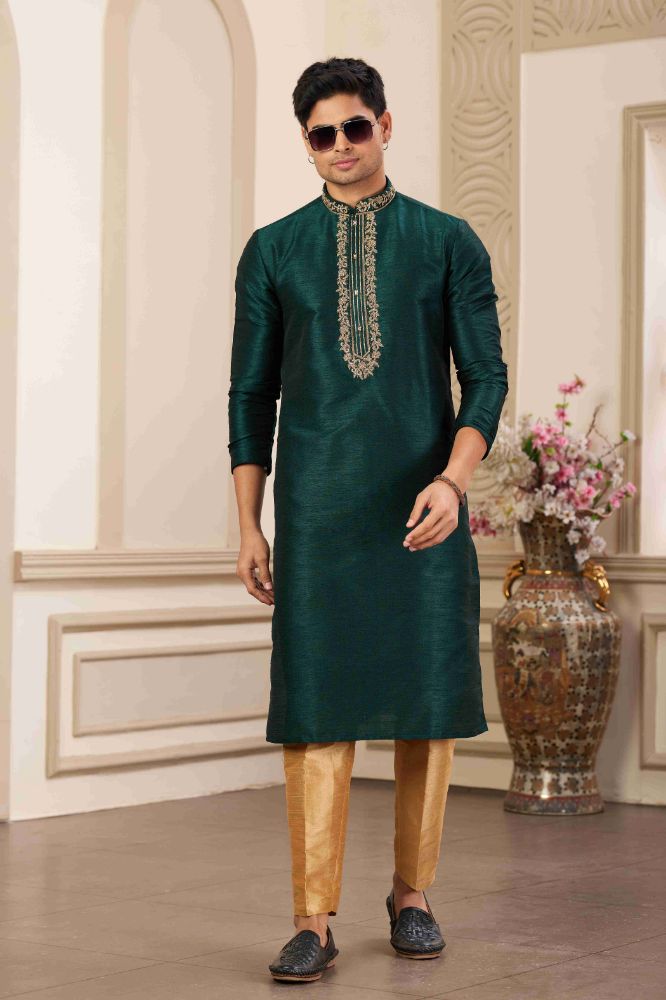 Raivat Ethnic Banarasi Art Silk Hand Work Kurta Pajama In Green Colour