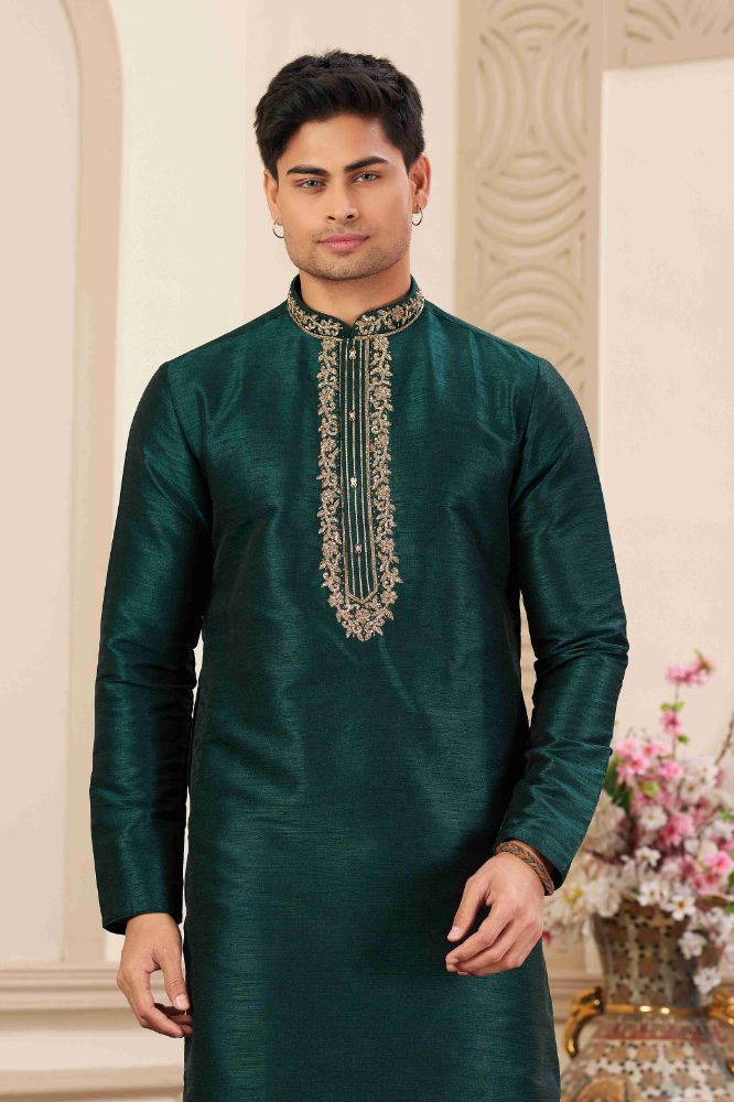 Raivat Ethnic Banarasi Art Silk Hand Work Kurta Pajama In Green Colour