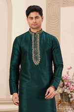 Thumbnail for Raivat Ethnic Banarasi Art Silk Hand Work Kurta Pajama In Green Colour