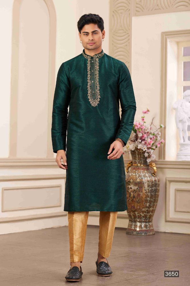 Raivat Ethnic Banarasi Art Silk Hand Work Kurta Pajama In Green Colour
