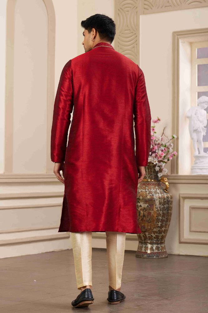 Raivat Ethnic Banarasi Art Silk Hand Work Kurta Pajama In Maroon Colour