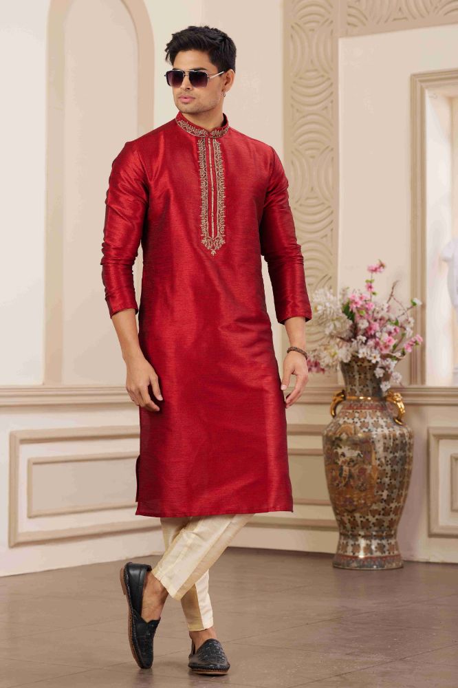 Raivat Ethnic Banarasi Art Silk Hand Work Kurta Pajama In Maroon Colour