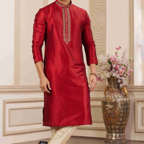 Raivat Ethnic Banarasi Art Silk Hand Work Kurta Pajama In Maroon Colour