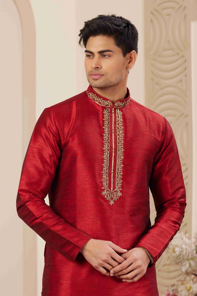 Raivat Ethnic Banarasi Art Silk Hand Work Kurta Pajama In Maroon Colour