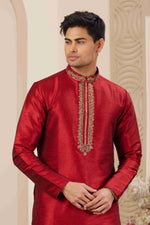 Thumbnail for Raivat Ethnic Banarasi Art Silk Hand Work Kurta Pajama In Maroon Colour