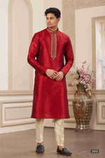 Thumbnail for Raivat Ethnic Banarasi Art Silk Hand Work Kurta Pajama In Maroon Colour