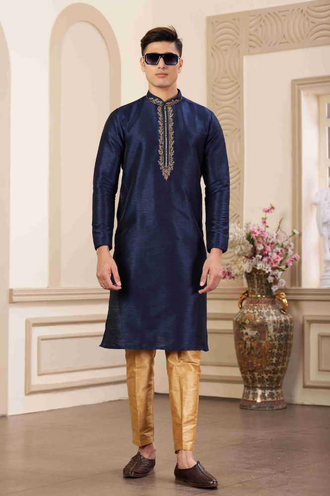 Raivat Ethnic Banarasi Art Silk Hand Work Kurta Pajama In Blue Colour