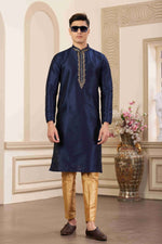 Thumbnail for Raivat Ethnic Banarasi Art Silk Hand Work Kurta Pajama In Blue Colour