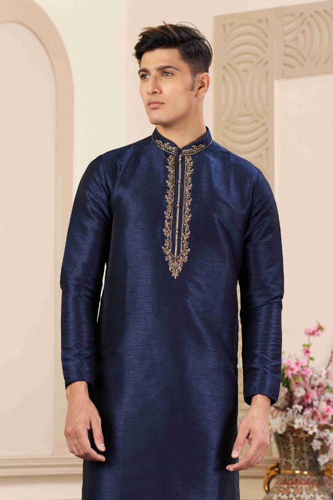Raivat Ethnic Banarasi Art Silk Hand Work Kurta Pajama In Blue Colour