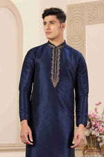 Thumbnail for Raivat Ethnic Banarasi Art Silk Hand Work Kurta Pajama In Blue Colour