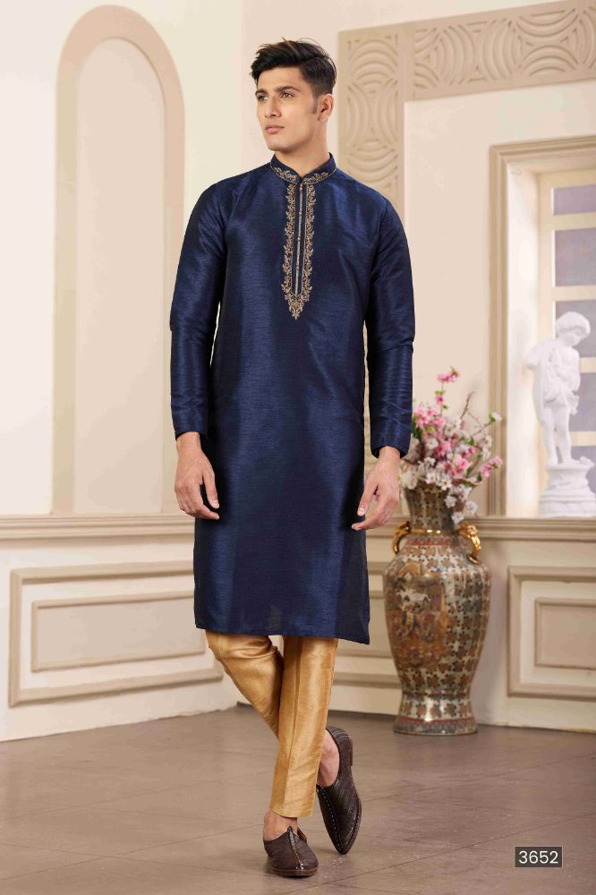 Raivat Ethnic Banarasi Art Silk Hand Work Kurta Pajama In Blue Colour